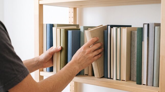 Person's hands organizing a bookshelf with a variety of books
