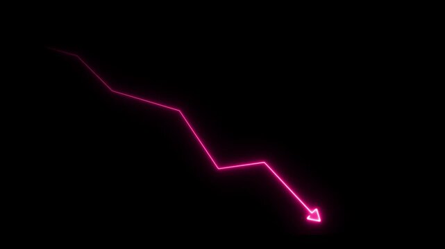 Glowing red neon downward graph with arrow indicating decline, loss, and negative trends on a dark, abstract background, perfect for conveying risk, crisis animation,4k video