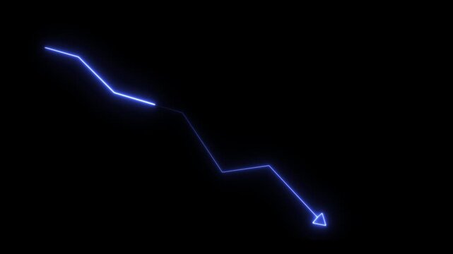 Glowing blue neon downward graph with arrow indicating decline, loss, and negative trends on a dark, abstract background, perfect for conveying risk, crisis animation,4k video