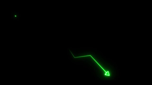 Glowing green neon downward graph with arrow indicating decline, loss, and negative trends on a dark, abstract background, perfect for conveying risk, crisis animation,4k video