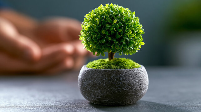 Hand holding small decorative potted bush with gardening decorative environment