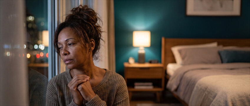 Afro American woman sitting by bedroom window at night feeling worried and unable to sleep. Insomnia concept