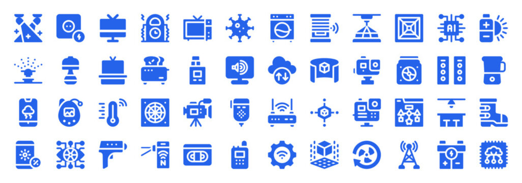 Modern home appliances and electronic gadgets blue glyph icon set for infographics