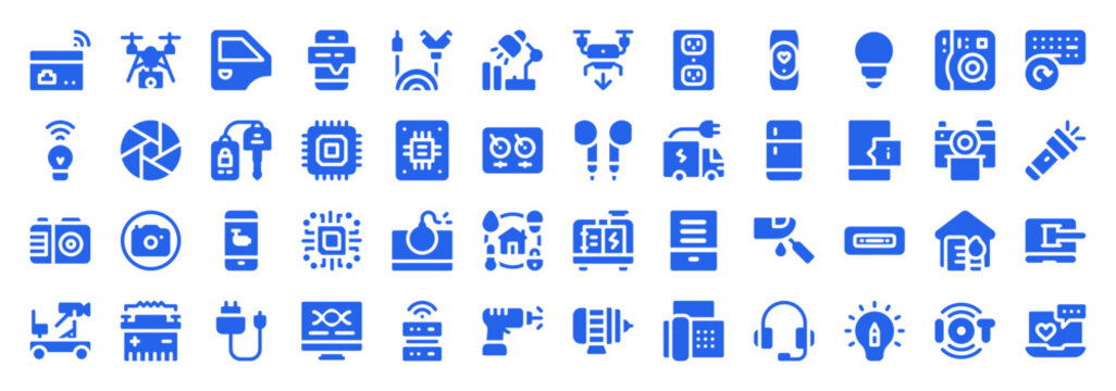 Set of blue technology and hardware glyph icons for digital product design