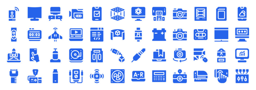 Electronic equipment and digital technology blue glyph icon set for software UI