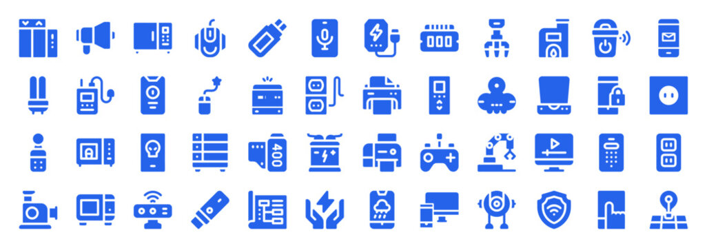 Blue glyph icon collection of smart home devices and electronic peripherals