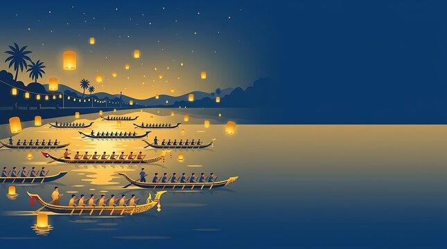 Traditional long boat race festival with glowing lanterns at night