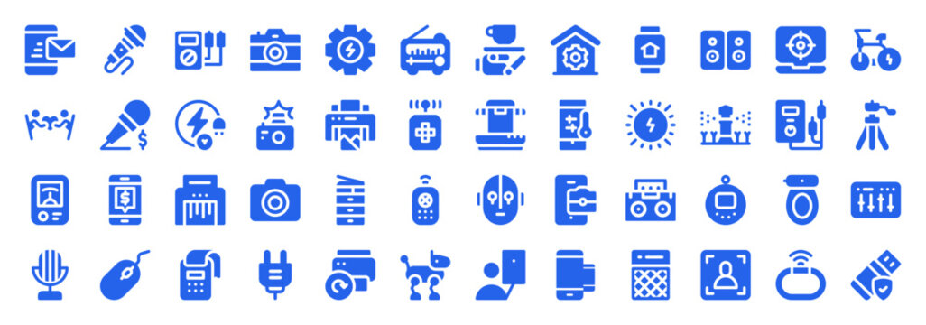 Blue flat icons set of electronic devices, smart home gadgets and digital technology equipment