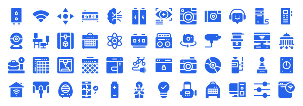 Collection of blue flat icons for smart home automation, batteries and electronic devices