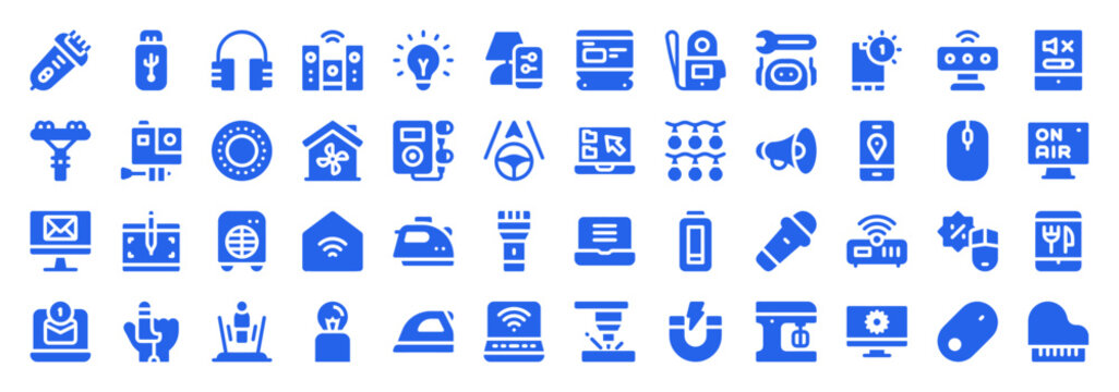 Collection of blue home appliance and electronic device icons for smart home and domestic tools