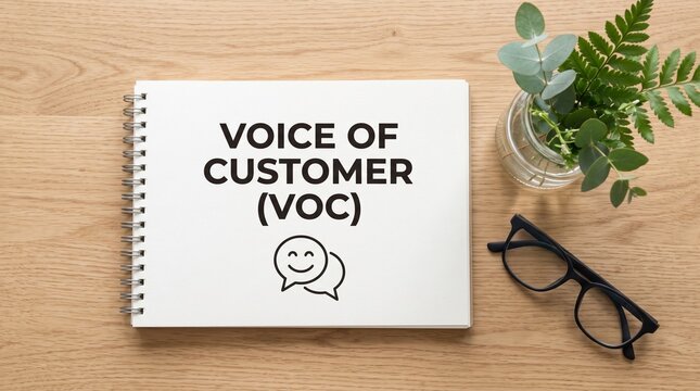 Voice of Customer VOC business concept, marketing research notebook on wooden desk, customer feedback and satisfaction analysis workspace