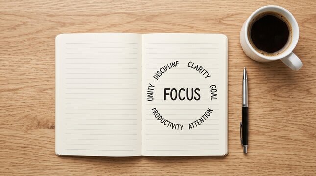Focus and productivity concept on open notebook, motivational business goals on paper, flat lay desk with coffee cup and pen on wooden background