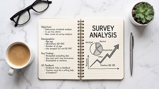 Survey analysis notes in spiral notebook, business data research on marble desk, marketing feedback and growth chart with coffee and glasses