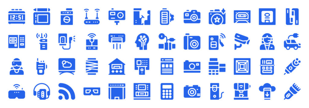 Set of blue smart home and computing device icons for modern electronics and digital interfaces