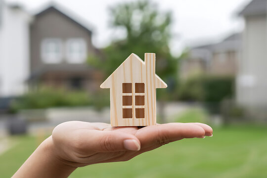 Small wooden house model in hand palm