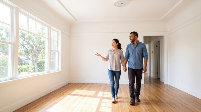 Happy young couple walking hand in hand inspecting empty room for real estate investment