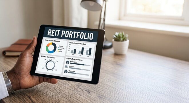 Investor holding digital tablet analyzing REIT portfolio dashboard for real estate asset management