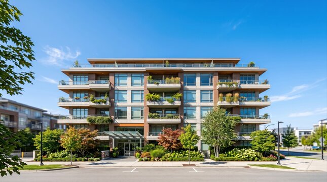 Modern residential apartment building exterior with green balcony plants for sustainable real estate investment