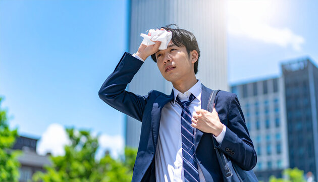 真夏の暑さで汗を拭く30代前半の日本人ビジネスマン
熱中症Japanese businessman in his early thirties wiping sweat on a hot summer day