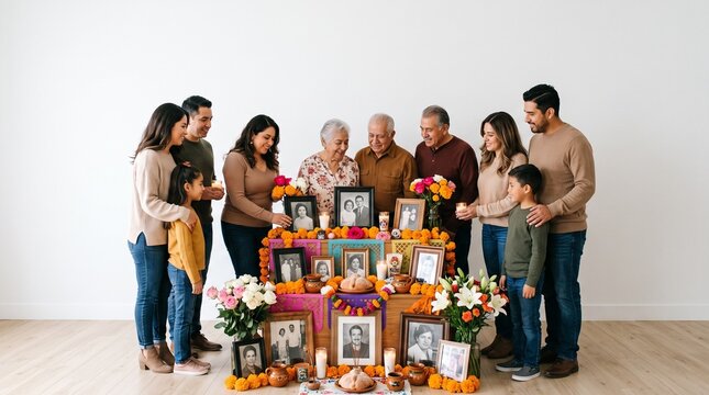 A family gathering around a colorful altar for a meaningful celebration