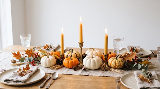 Autumnal table setting with pumpkins, candles, and fall foliage centerpiece