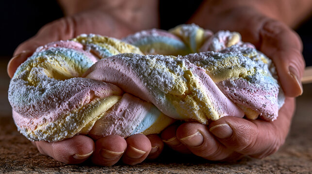 Hands holding a large colorful twisted marshmallow braid sprinkled with sugar, marshmallow
