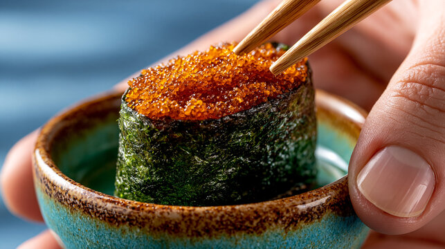 Close-up of fresh tobiko sushi gunkan maki held with wooden chopsticks