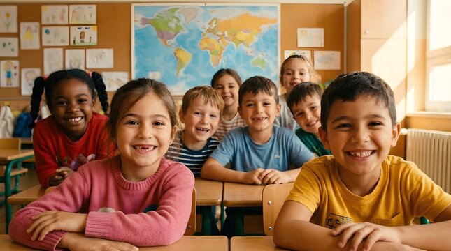Happy diverse group of elementary school children in classroom