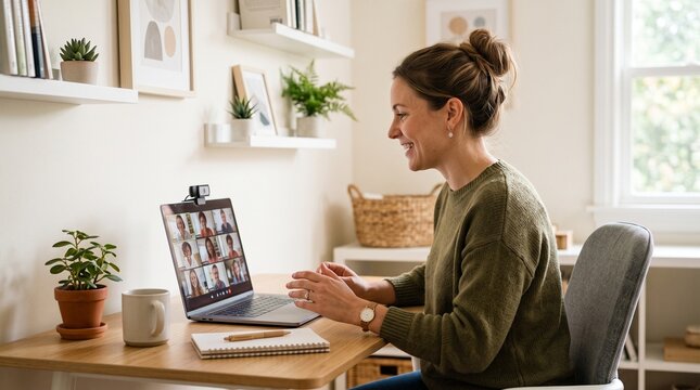 Engaging teacher video calling students in a cozy home office setup