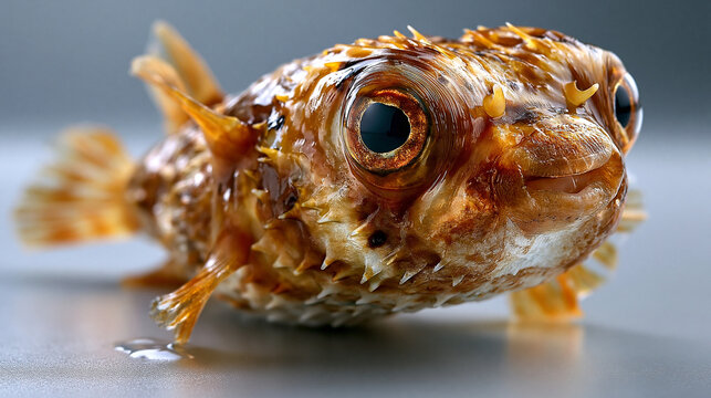 Macro portrait of a small pufferfish with textured prickly skin pufferfish underwater
