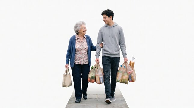 Young man helps elderly woman carry groceries, walking together with smiles