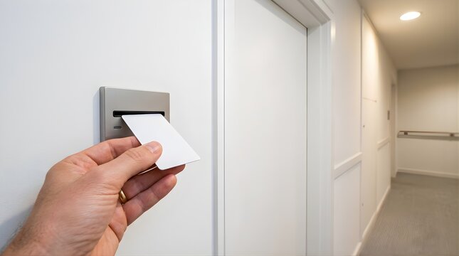 Hand using a blank key card to unlock a hotel room door in a hallway.
