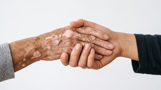 Close-up of two hands, one with vitiligo, gently holding each other