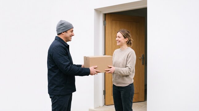 Delivery courier handing over a package to a recipient at their home