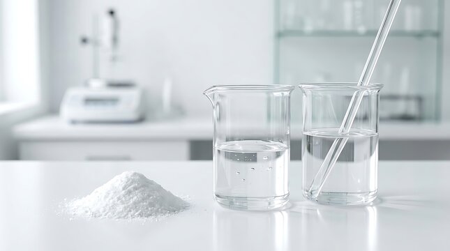 Clear glass beakers with liquid and a pile of white powder on a table in a bright modern laboratory. allantoin