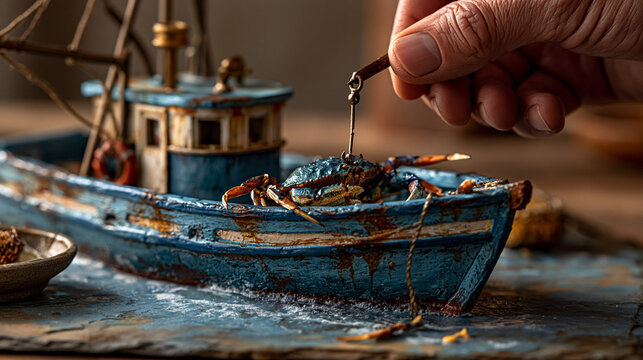Small model fishing boat toy on rough dark texture surface with miniature, nautical