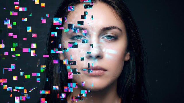 Portrait of young woman with digital glitch effect transitioning to clear face. Conceptual video of identity and technology. Static close-up shot.