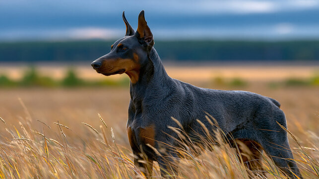Doberman dog standing alert in an open field with animal portrait, dog photography