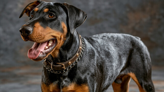 Portrait of a alert black and tan dog wearing a studded leather collar with portrait