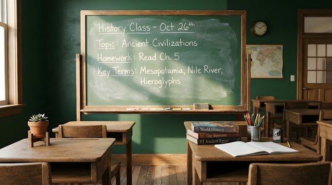 History classroom chalkboard with ancient civilizations lesson plan