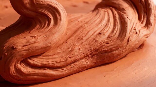 Liquid Clay Folding Over Itself in Thick Waves with Raw Terracotta Texture and Natural Light