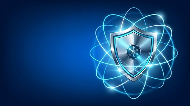 Abstract digital shield icon with glowing light particles representing cybersecurity and advanced data protection technology concept