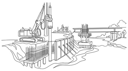Obraz premium Continuous line drawing of a construction site with heavy machinery and bridge infrastructure.