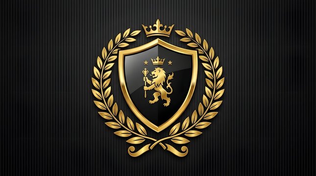 Luxury golden shield emblem with a lion crest surrounded by a laurel wreath on black background