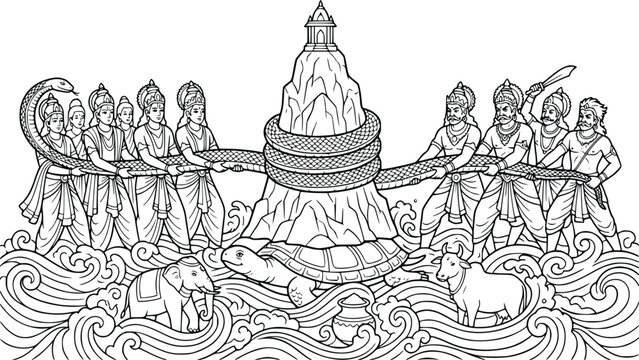 Samudra manthan churning ocean hindu mythology gods demons line art