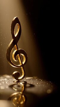 Golden treble clef symbol standing on wet surface against dark background