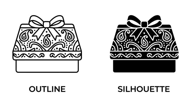 Gift Box Outline and Silhouette: A decorative gift box shown in two styles: an outline and a solid silhouette, both featuring a paisley pattern and a bow, ready for any celebration or design need.