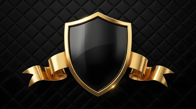 Elegant golden shield emblem with luxury ribbon banner on a dark textured background for premium branding