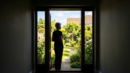 Fototapeta premium Mature woman holding a coffee cup standing in a garden doorway at home