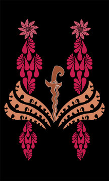 vector illustration with ethnic batik ornamental wing pattern and floral elements on black background Traditional Indonesian keris dagger